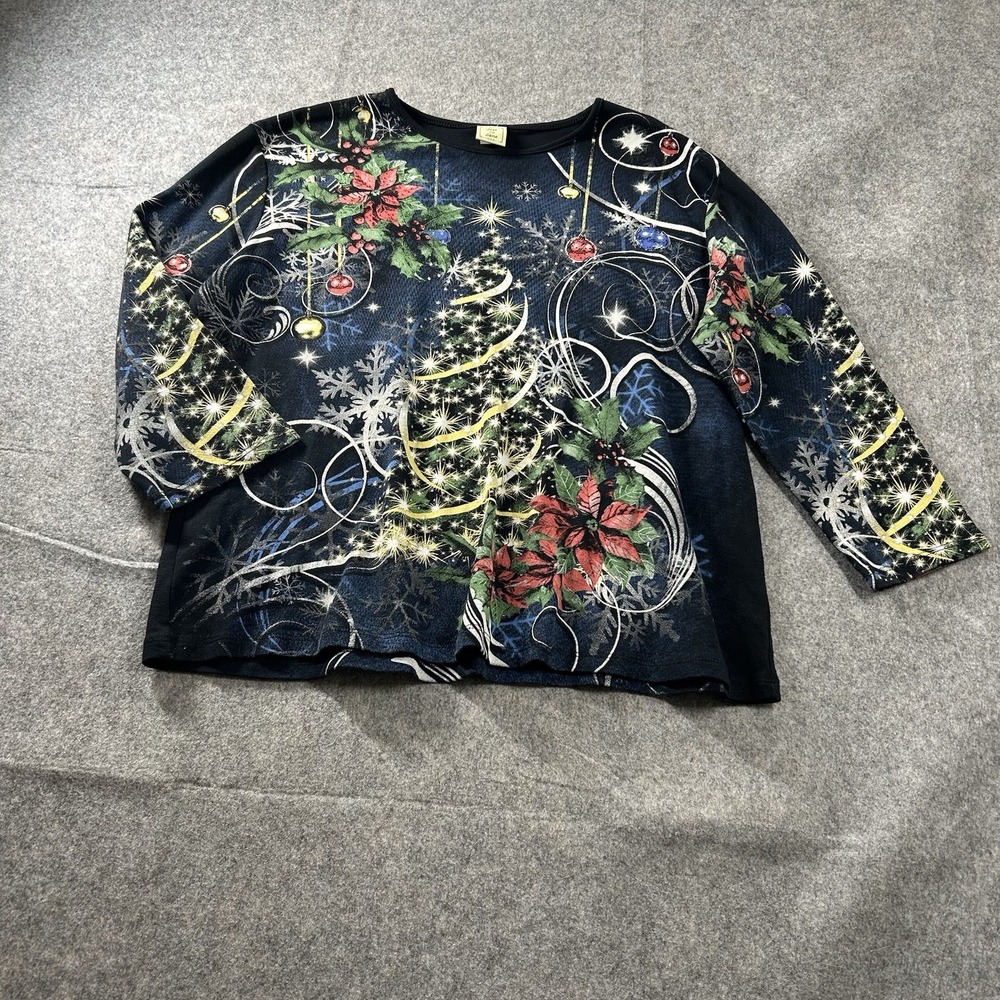 Jess & Jane Shirt Women's 1X Christmas Joy Black Blue Tree Poinsettia Top cotton